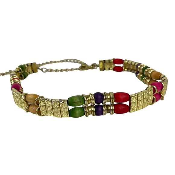 VTG Retro Belt 80s Gold Chain Tiered Wood Rainbow Multicolor Beads Gold Metal main image 16